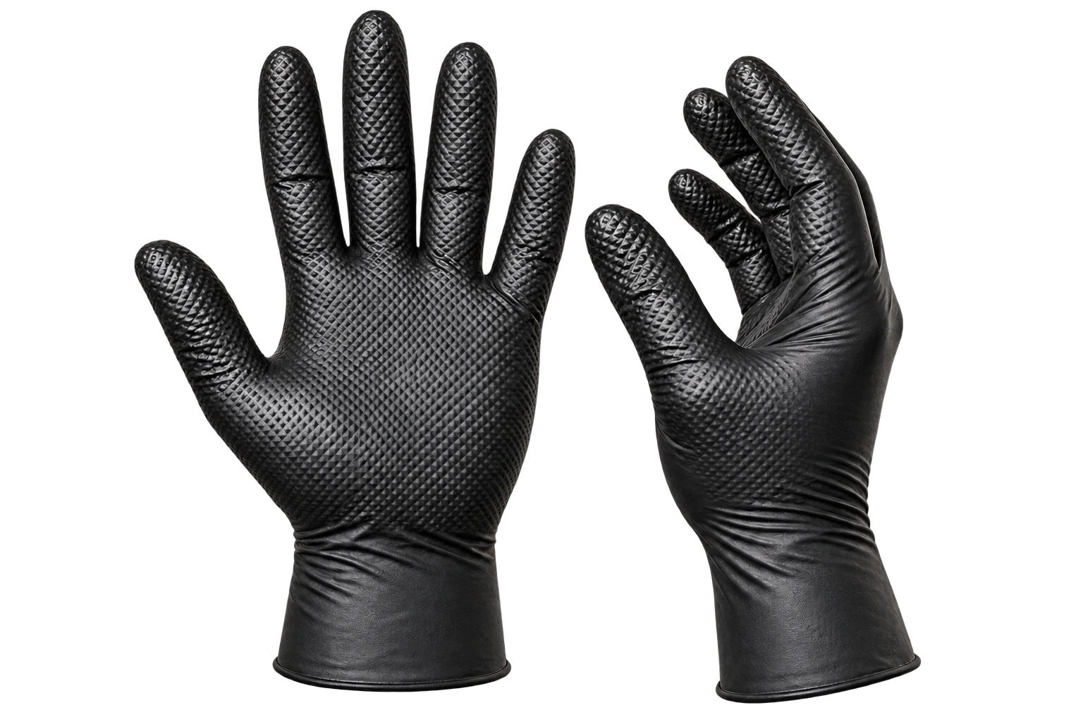 Pair of black heavy-duty nitrile gloves with raised diamond grip texture